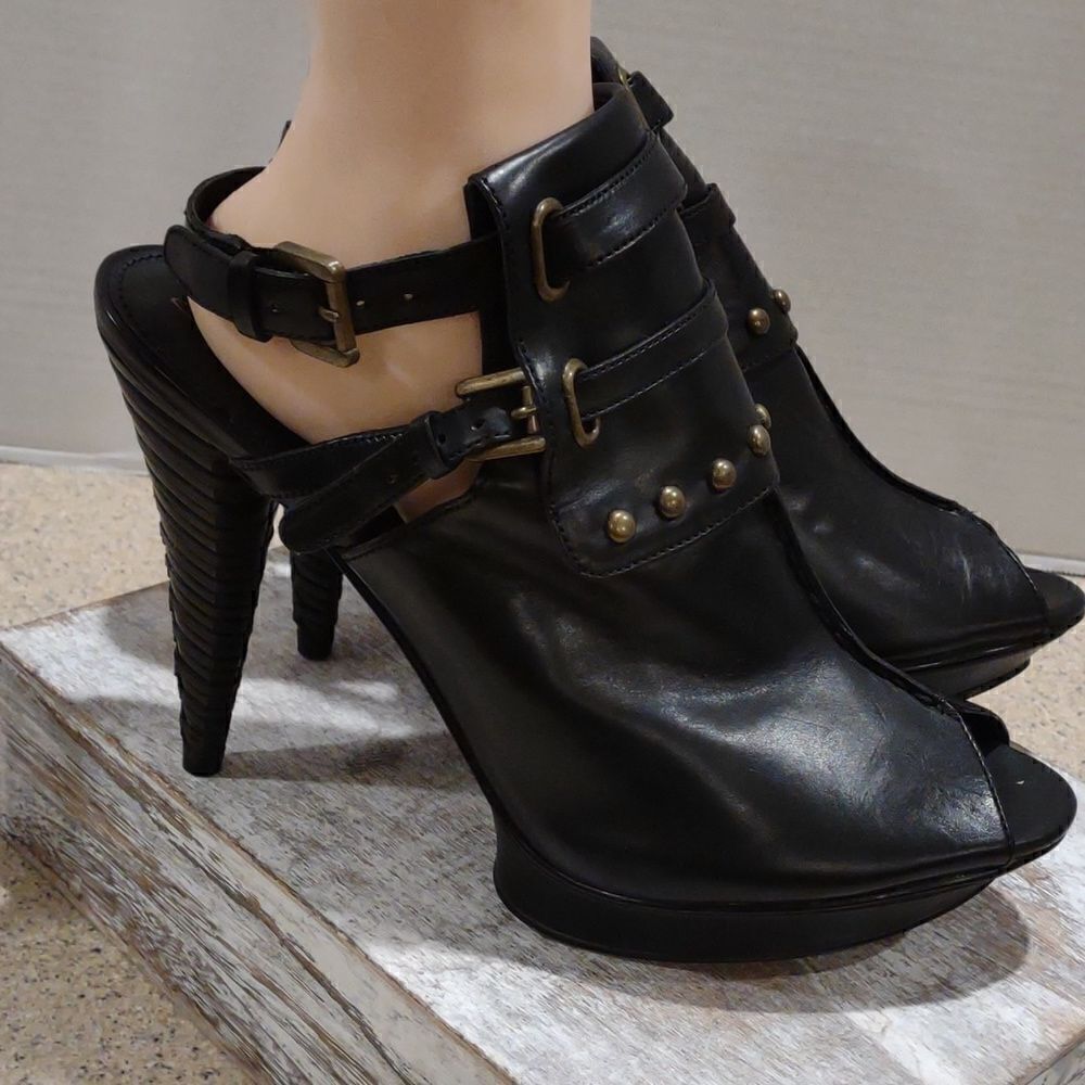 👍 Vintage  B Makowsky Black Studded Platform Heels Size 10 Dominatrix Dance  A8